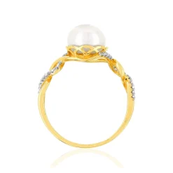 Bague or 375 2 tons torsadée perle de culture de Chine et diamants