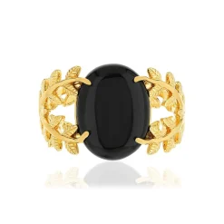 Bague plaqué or feuillage agate noire ovale