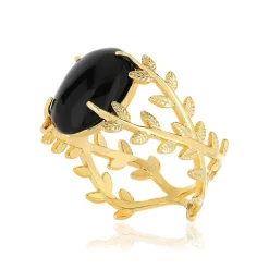 Bague plaqué or feuillage agate noire ovale