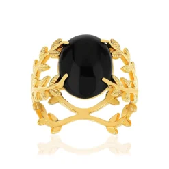 Bague plaqué or feuillage agate noire ovale