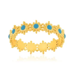 Bague plaqué or jaune perlée motif soleil et résine bleue