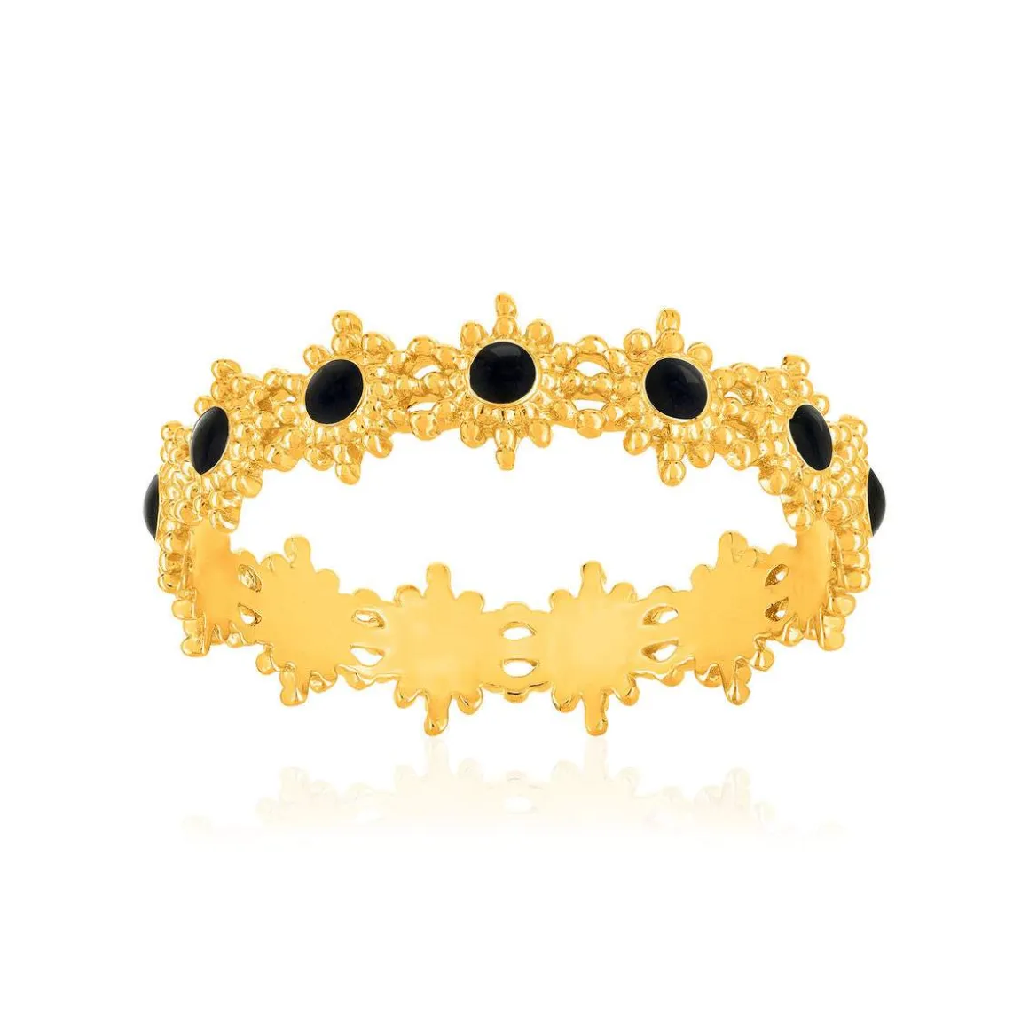 Bague plaqué or jaune perlée motif soleil et résine noire