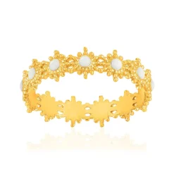 Bague plaqué or jaune perlée motif soleil et résine blanche