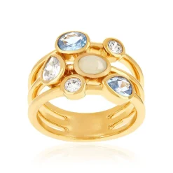 Bague plaqué or pierres synthétiques bleues et blanches