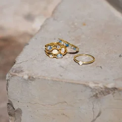 Bague plaqué or pierres synthétiques bleues et blanches