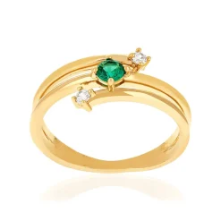 Bague plaqué or pierre synthétique verte et zirconias.