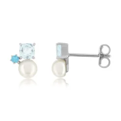 Boucles d'oreille argent 925 perles de culture de Chine et topazes bleues traitées