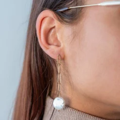 Boucles d'oreilles acier doré pendantes 2 perles d'eau douce