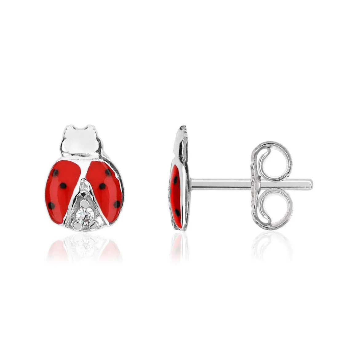 Boucles d'oreilles argent 925 coccinelles laque rouge et zirconias