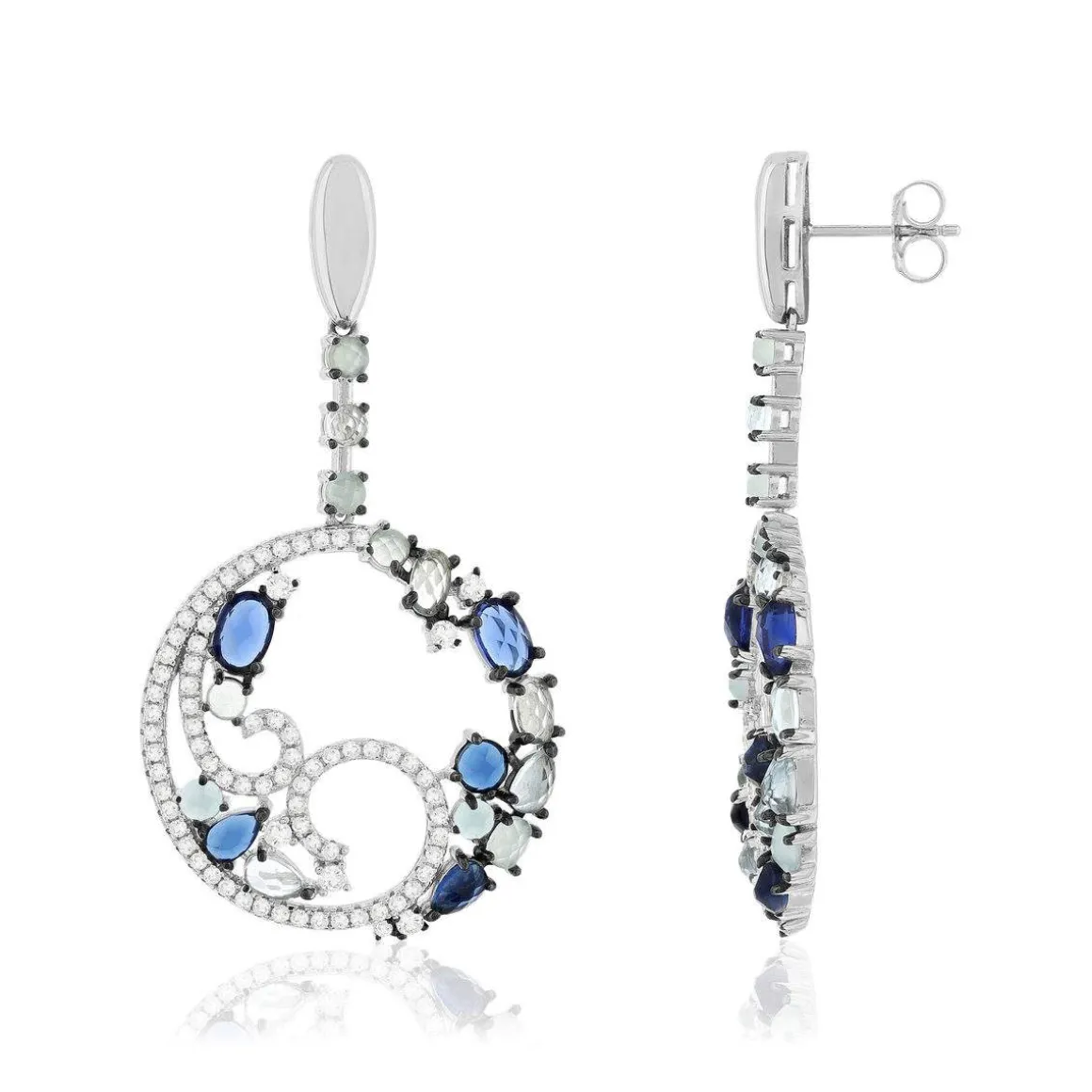 Boucles d'oreilles argent 925 et ruthénium noir, zirconias bleus et blancs.