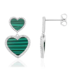Boucles d'oreilles argent 925 malachites et zirconias coeurs