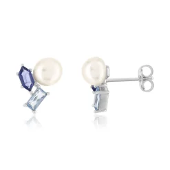 Boucles d'oreilles argent 925 perles de culture de Chine pierres imitation et zirconias bleus