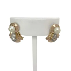 Boucles d'oreilles d'occasion or 750 jaune et rhodié diamants perles de culture