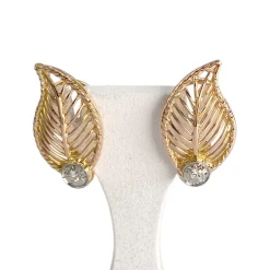 Boucles d'oreilles d'occasion or 750 2 tons feuille diamant