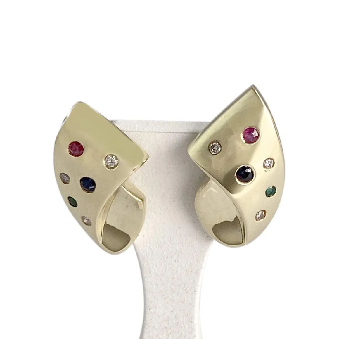 Boucles d'oreilles d'occasion or 585 jaune saphirs, rubis, émeraudes, diamants