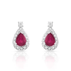 Boucles d'oreilles or 750 blanc dormeuses rubis taille poire et diamants