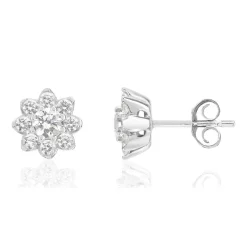 Boucles d'oreilles or 750 blanc fleurs diamants synthétiques 0,79 carat