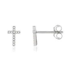 Boucles d'oreilles or blanc 375, motif croix, diamants.