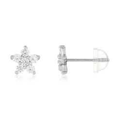 Boucles d'oreilles or 375 blanc zirconias blancs fleur