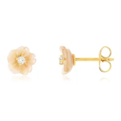 Boucles d'oreilles or jaune 375 fleur nacres roses et zirconias