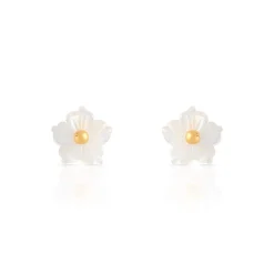 Boucles d'oreilles or 375 jaune fleurs en nacre