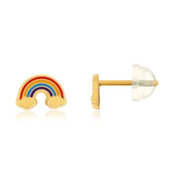 Boucles d'oreilles or jaune 375, laque. Motif arc-en-ciel.
