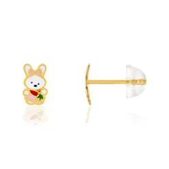 Boucles d'oreilles or jaune 375, laque. Motif lapin.