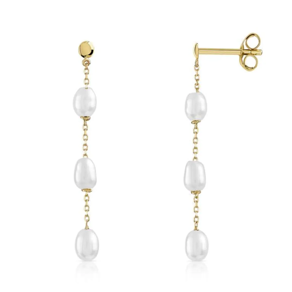 Boucles d'oreilles or 375 jaune pendants perles de culture de Chine