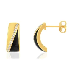 Boucles d'oreilles or 375 jaune résine noire et zirconias