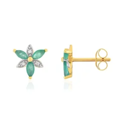 Boucles d'oreilles or 375 2tons fleur émeraudes et diamants