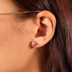Boucles d'oreilles or 375 2tons fleur rubis et diamants