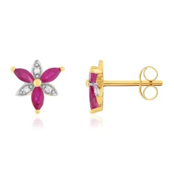 Boucles d'oreilles or 375 2tons fleur rubis et diamants