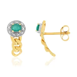 Boucles d'oreilles or 375 2 tons, émeraudes, diamants, motif maille gourmette