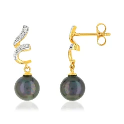 Boucles d'oreilles or 375 2 tons pendants perles de culture de Tahiti et diamants