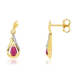 Boucles d'oreilles or 375 2 tons pendants rubis taille poire et diamants