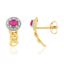 Boucles d'oreilles or 375 2 tons, rubis, diamants, motif maille gourmette