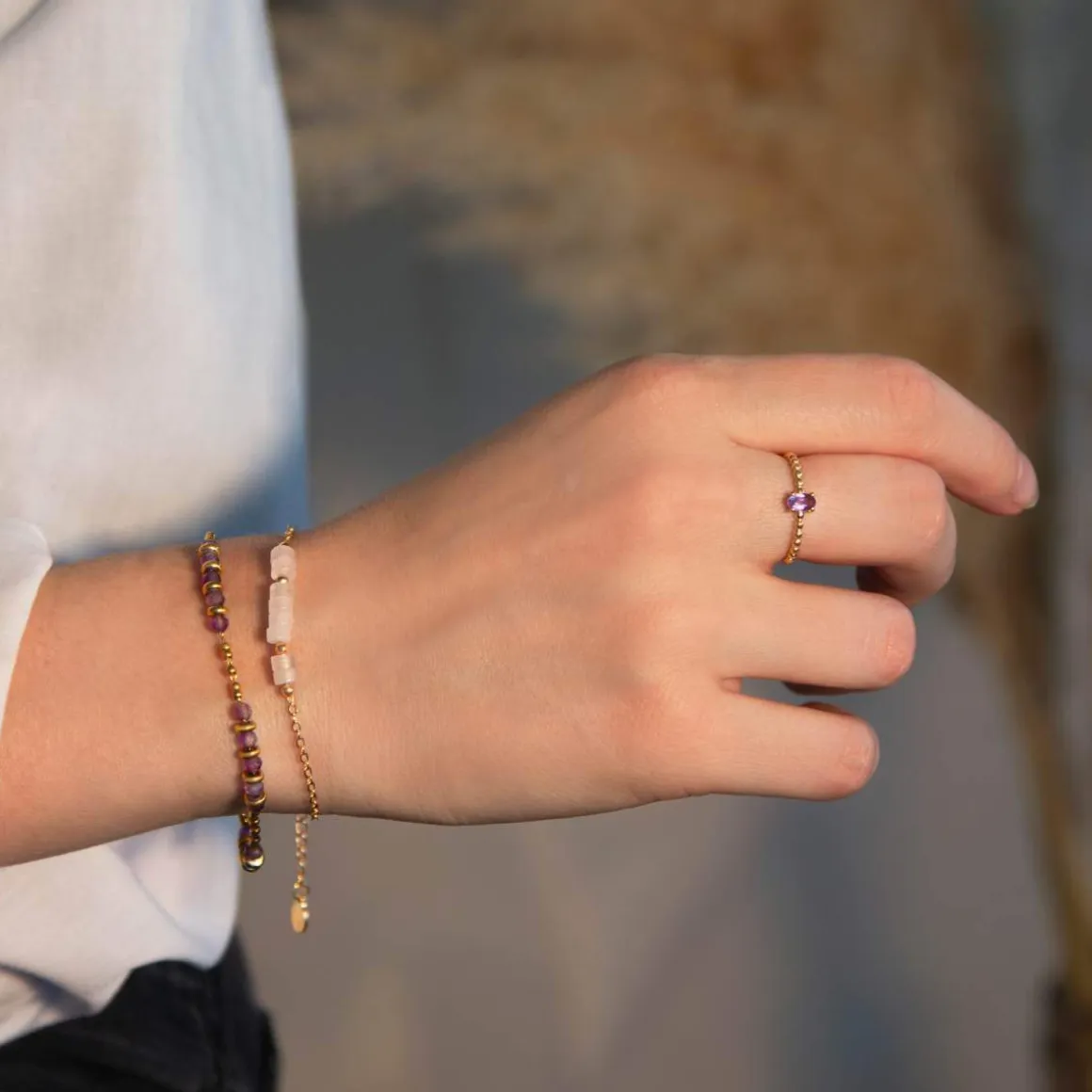 Bracelet acier doré améthystes 20 cm