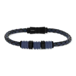 Bracelet acier et cuir tressé bleu 21 cm