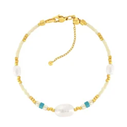 Bracelet acier jaune pierres naturelles et perles de culture de Chine 18cm