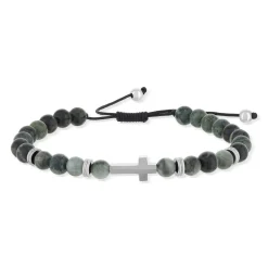Bracelet acier motif croix et pierres naturelles vertes 23,5cm