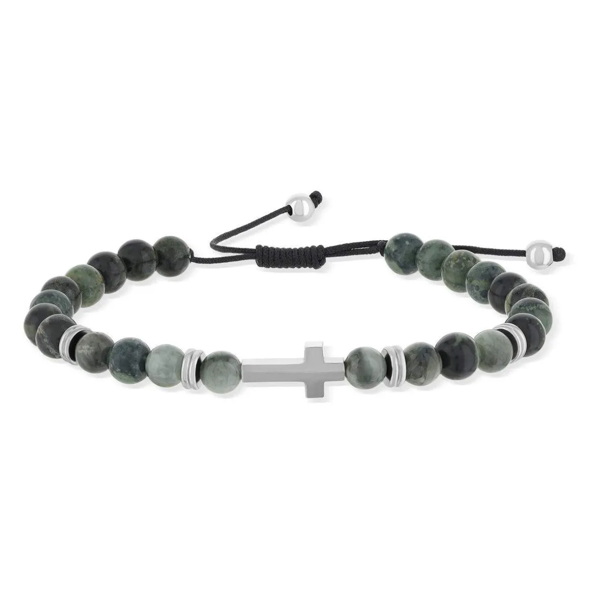 Bracelet acier motif croix et pierres naturelles vertes 23,5cm