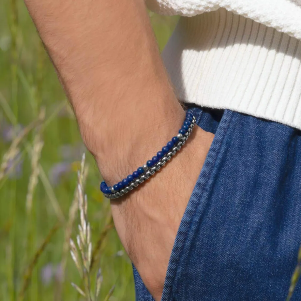 Bracelet acier pierres naturelles bleues 21,5cm