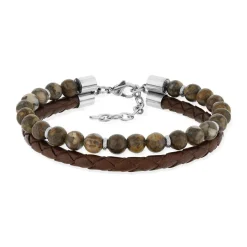 Bracelet agate cuir marron acier