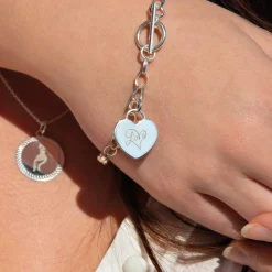 Bracelet argent 925 maille fantaisie pampille coeur 21 cm