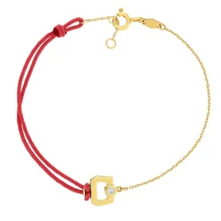 Bracelet boucle chaine or 750 jaune diamant et cordon rouge 18cm