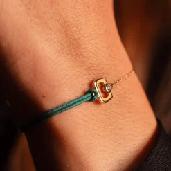 Bracelet boucle chaine or 750 jaune diamant et cordon vert 18cm