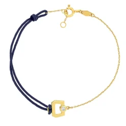 Bracelet boucle chaine or 750 jaune diamant et cordon marine 18cm