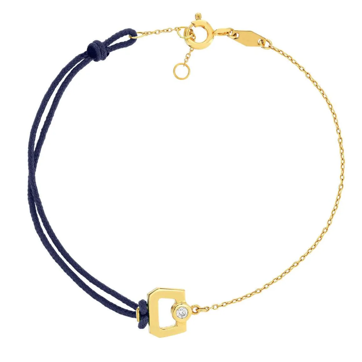 Bracelet boucle chaine or 750 jaune diamant et cordon marine 18cm