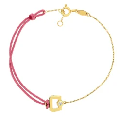 Bracelet boucle chaine or 750 jaune diamant et cordon rose 18cm