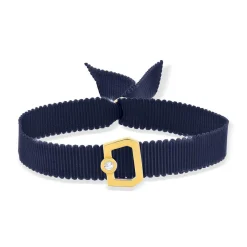 Bracelet boucle plaqué or jaune zirconias ruban marine 21cm